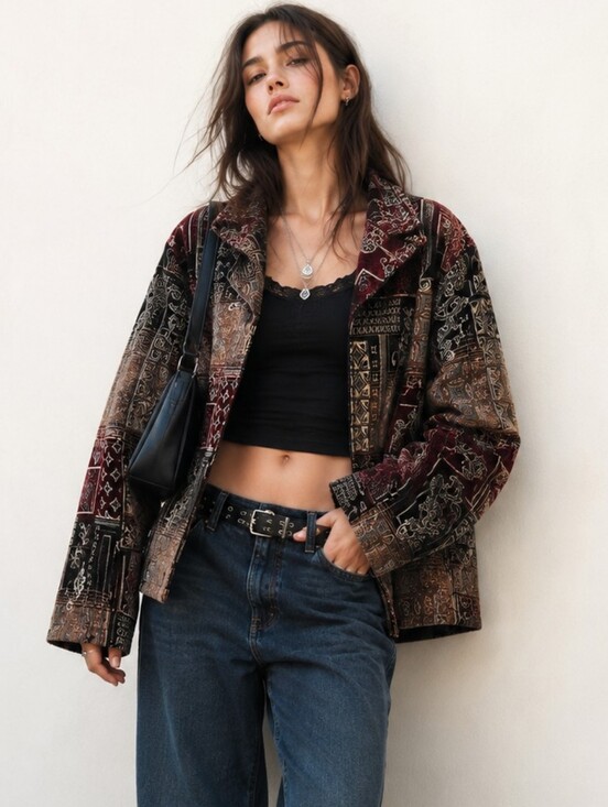Molly & Maxx Jackets & Blazers - Vintage-Inspired Patchwork Velvet Jacket - Burgundy Multi - XL